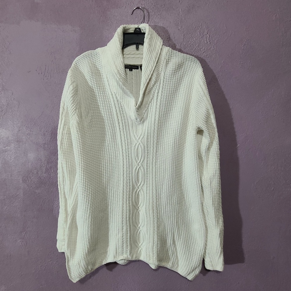 Jeanne Pierre Womens White Cotton Cable Knit Shawl Collar Sweater Large Relaxed